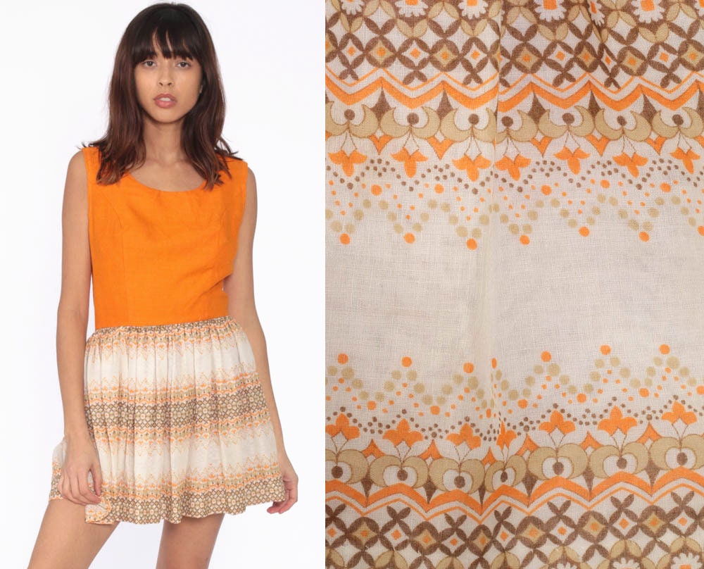70s Mini Dress Orange Floral Geometric Print Boho Linen Mod High Waisted Vintage 1970s Bohemian 