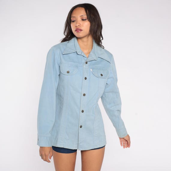 70s Levi’s Panatela Shirt Jacket Light Blue Cotton Twill Button Down Long Sleeve Western Style Collar Utility Pockets Minimalist Medium M