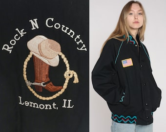 80s Uniform Jacket -- Rock N Country Jacket Lemont Illinois Cowboy Jacket Baseball Bomber Snap Up Black Aztec 1980s Vintage Large xl