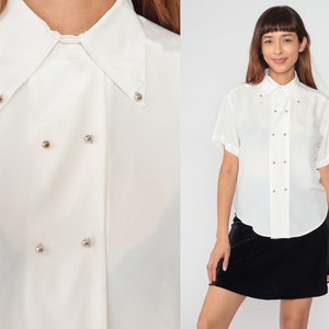 Cream Blouse 90s Double Breasted Button Up Shirt Pointed Collar Retro Plain Simple Short Sleeve Top Semi-Sheer Preppy Vintage 1990s Small S image 1