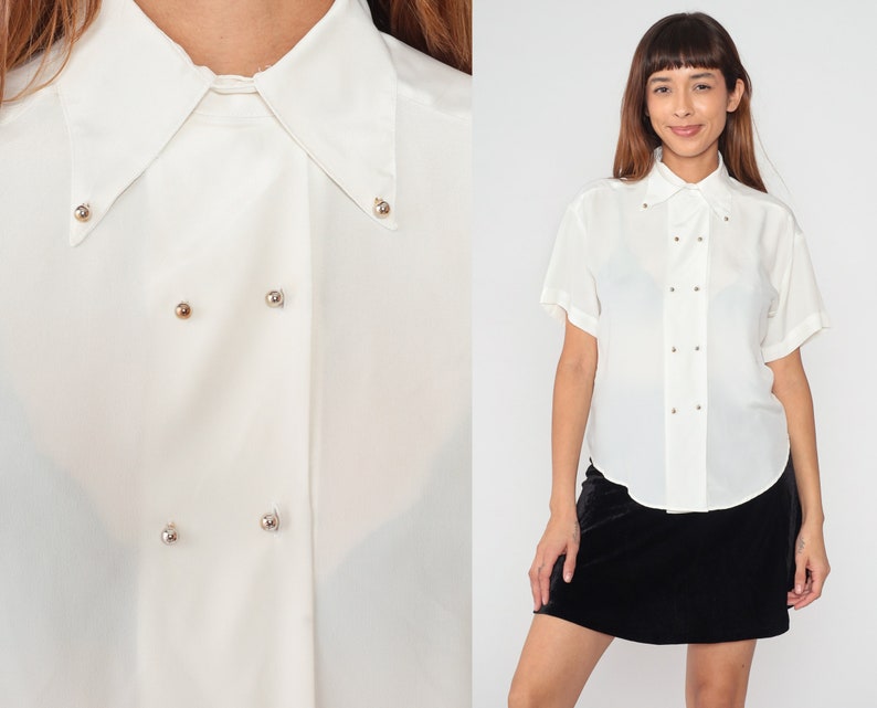 Cream Blouse 90s Double Breasted Button Up Shirt Pointed Collar Retro Plain Simple Short Sleeve Top Semi-Sheer Preppy Vintage 1990s Small S image 1