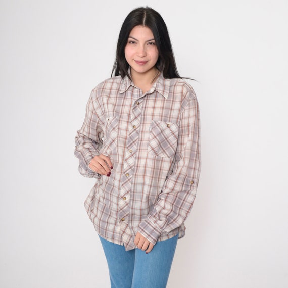 Levi's Plaid Button Up Shirt Y2K Grey Checkered Shirt 00s Long Roll Tab Sleeve Collared Top Vintage Tartan Orange Off-White Large