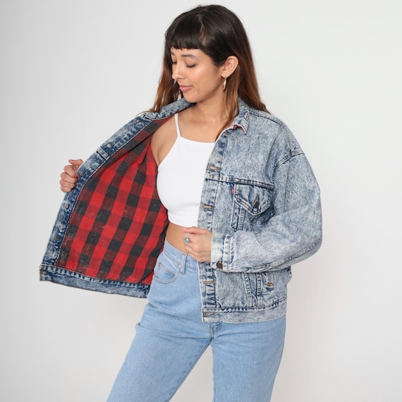 Levis Jean Jacket Oversized Denim 80s Denim Jacket PLAID LINING Flannel Trucker Levi Coat 1980s Blue Acid Wash Vintage Biker Large
