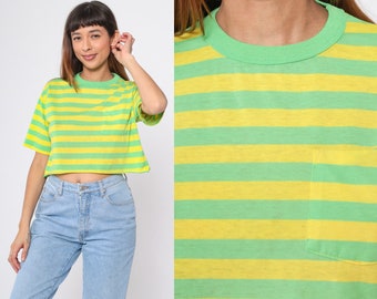 Striped Crop Top 80s Yellow Lime Green T-Shirt Retro Ringer Tee Raw Edge Cutoff Short Sleeve Cropped Shirt Neon Tshirt Vintage 1980s Medium