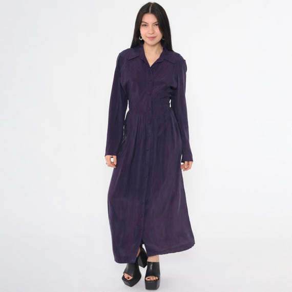 Vintage Long Purple Dress 90s Button up Maxi Dress Silky Pintuck Pleated Collared Plain Long Sleeve Shirtdress 1990s Ankle Length Medium M