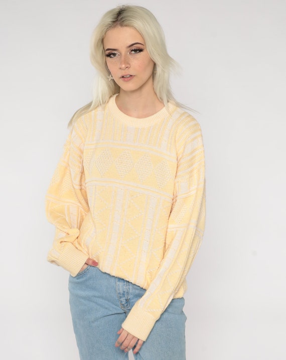 Yellow Knit Sweater 80s Geometric Pastel Sweater Jacquard Print 1980s Vintage Knitwear Pullover Spring Sweater Retro Cozy Kawaii Large L
