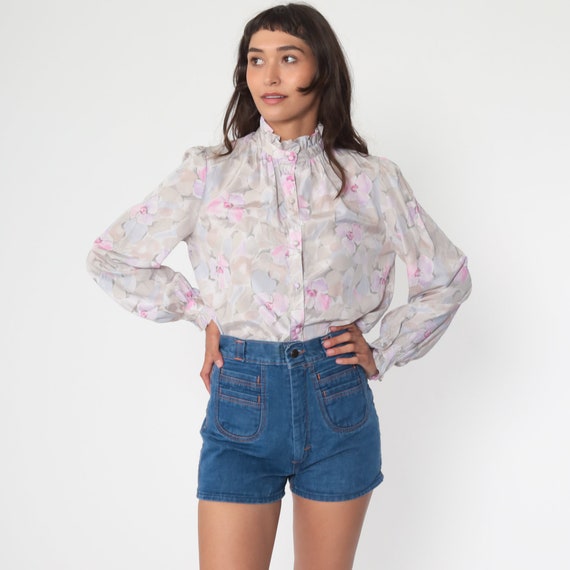 Ruffle Floral Shirt Pastel Top Button Up Blouse 70s Boho Top Purple Bohemian Long Sleeve 1970s Vintage Secretary Hippie Medium