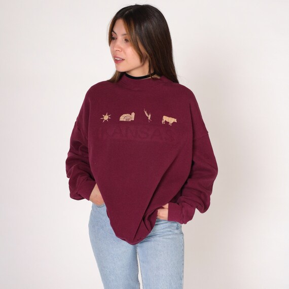 Kansas Sweatshirt 90s Burgundy Pullover Sweater Farm Cow Sun Wheat Graphic Shirt KS Tourist Travel Souvenir Red Vintage 1990s Extra Large xl