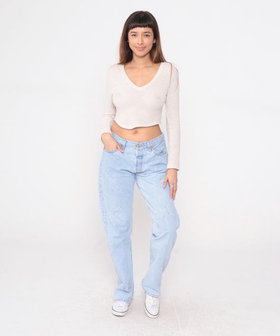 Levis 501 Jeans Light Wash Stone Wash Denim Straight Leg Y2K Vintage Distressed Button Fly Blue Five Pocket Relaxed Fit Faded Worn In 34