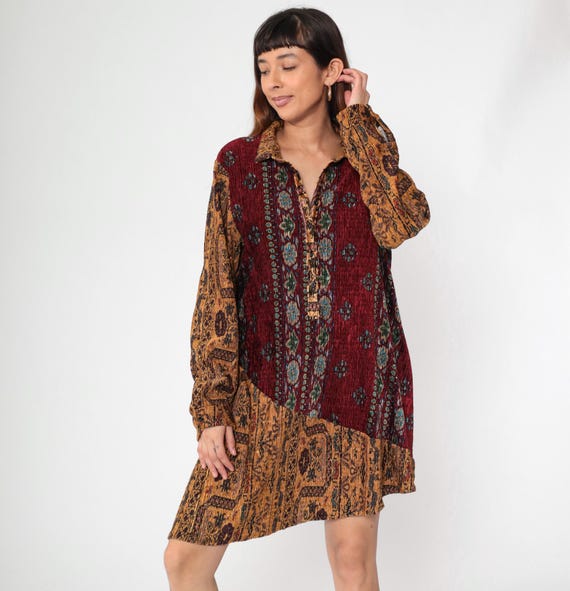 Vintage Boho Floral Dress 90s Crinkle Textured Mini Tunic Asymmetrical Hem Collared Button Up Burgundy Brown 1990s Long Sleeve Medium Large