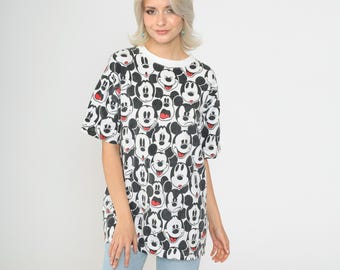Vintage Mickey Mouse Shirt 90s All Over Print Expression Tshirt Walt Disney Shirt Graphic Cartoon T Shirt Retro Tee Black White Medium