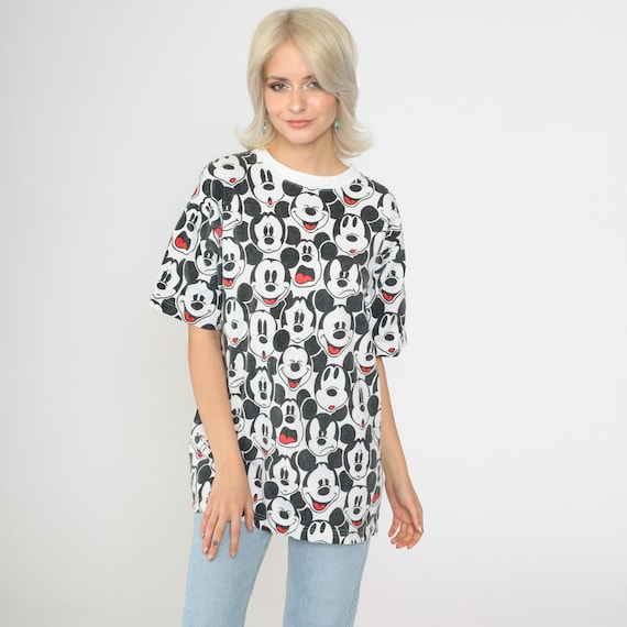 Vintage Mickey Mouse Shirt 90s All Over Print Expression Tshirt Walt Disney Shirt Graphic Cartoon T Shirt Retro Tee Black White Medium