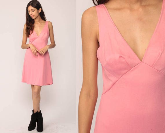 Pink Slip Dress Nightgown 70s Empire Waist Lingerie Pink Short Mini Slip Vintage 1970s Bohemian Deep V Neck Plunging Small Medium