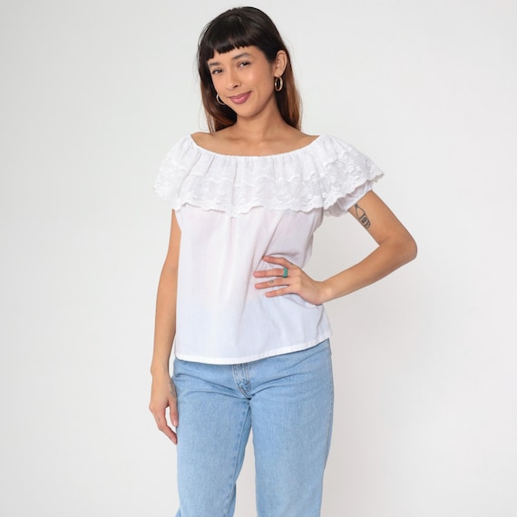 Vintage White Peasant Shirt 80s Off Shoulder Blouse Western Puff Sleeve Lace Boho Top Cottagecore Square Dance Bohemian Hippie 1980s Medium