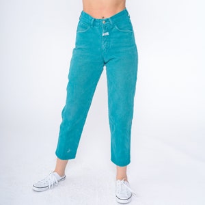 Teal Jeans 90s Ankle Jeans High Waisted Rise Slim Tapered Leg Denim Pants Retro Cropped Mom Jeans Blue Green Vintage 1990s Extra Small XS image 3