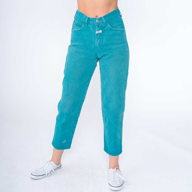 Teal Jeans 90s Ankle Jeans High Waisted Rise Slim Tapered Leg Denim Pants Retro Cropped Mom Jeans Blue Green Vintage 1990s Extra Small XS image 3