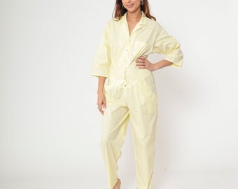 80s Yellow Jumpsuit Snap Button Up Tapered Leg Pants Pleated Vintage Chest Pocket 3/4 Sleeve Romper 1980s Basque Waist Utility Medium
