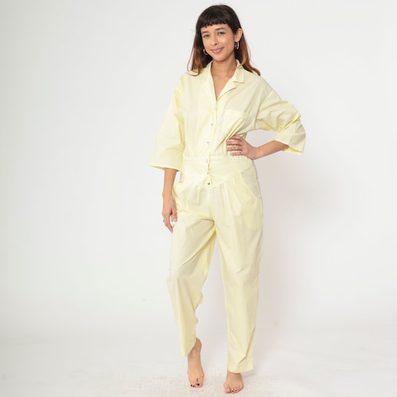80s Yellow Jumpsuit Snap Button Up Tapered Leg Pants Pleated Vintage Chest Pocket 3/4 Sleeve Romper 1980s Basque Waist Utility Medium