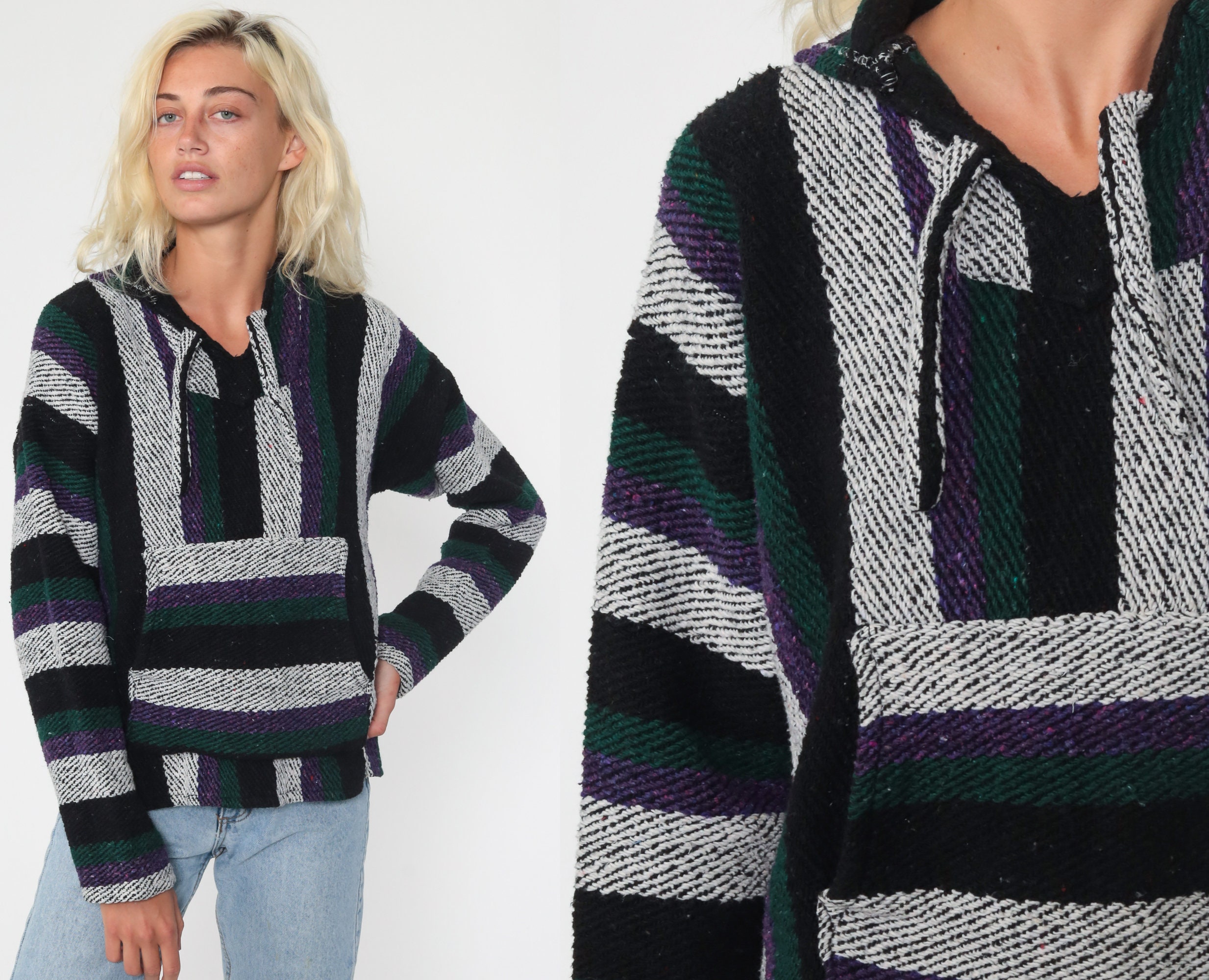 Baja Hoodie Mexican Black Drug Rug Sweatshirt Hippie Boho Hooded Ethnic Vintage Blanket Stripe Bohemian Kangaroo Small Medium