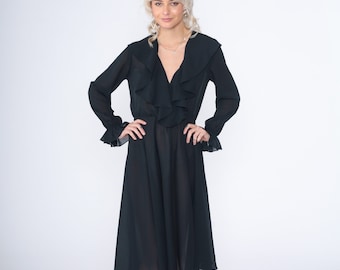 Vestido negro con volantes, vestido midi de los años 90, semitransparente, cintura alta, manga larga, volantes, fiesta, noche, cóctel, formal, liso, vintage, años 90, pequeño, mediano