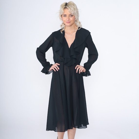 Black Ruffled Dress 90s Midi Dress Semi-Sheer High Waisted Long Sleeve Ruffle Party Evening Cocktail Formal Plain Vintage 1990s Small Medium