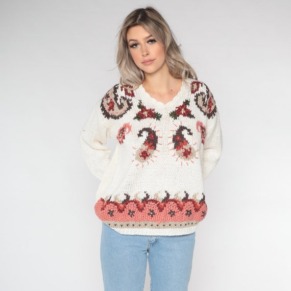 White Floral Sweater 90s Paisley Embroidered Sweater Boho Ramie Acrylic Sweater 1990s Pullover Vintage Scalloped Oversize Large