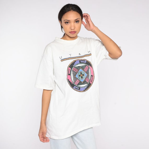 Utah T Shirt 90s Southwestern Graphic Tee Retro Tourist Tshirt White Travel Hipster Screen Print State UT Vintage 1990s Single Stitch Large