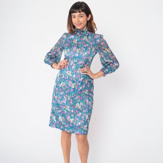 Blue Floral Dress 70s Silk Dress Striped Flower Print Long Sleeve Ruffled High Mock Neck Garden Party Knee Length Midi Vintage 1970s Small S