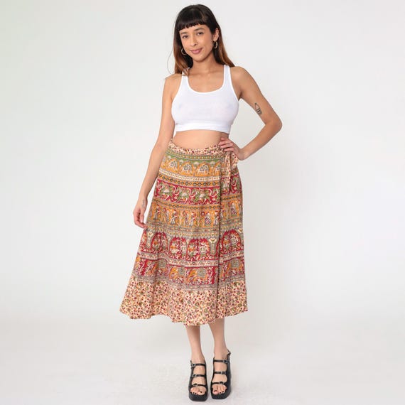 Indian Wrap Skirt Batik Elephant Horse Floral Print Midi Boho Vintage Hippie High Waist Bohemian Red Green Yellow Small Medium Large