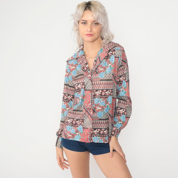Floral Bird Blouse 70s Paisley Blouse Dagger Collar Top Pink Blue Disco Shirt Boho 1970s Hippie Collared Long Sleeve Vintage Small S