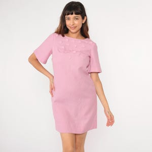 60s Party Dress Metallic Baby Pink Mini Dress Beaded Floral Applique Shift 1960s Mod Dress Bell Sleeve Vintage Cocktail Space Age Medium 8