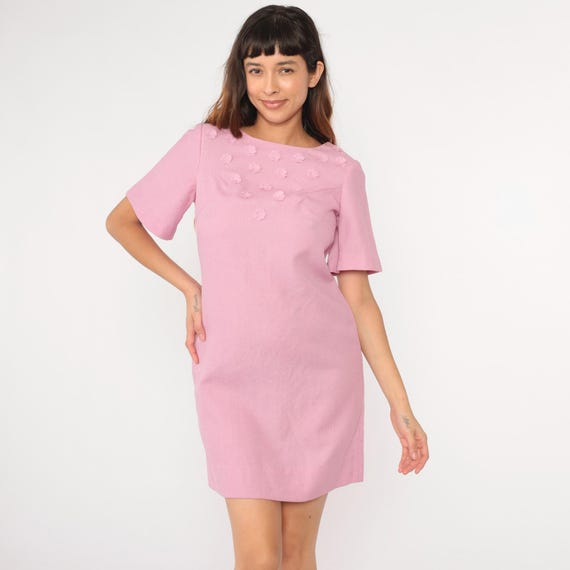 60s Party Dress Metallic Baby Pink Mini Dress Beaded Floral Applique Shift 1960s Mod Dress Bell Sleeve Vintage Cocktail Space Age Medium 8