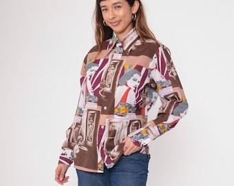 Vintage Art Deco Print Shirt 70s Graphic Chicago Classic Car Print Old Hollywood Button Up Long Sleeve Novelty 1970s Retro Men's Medium 15