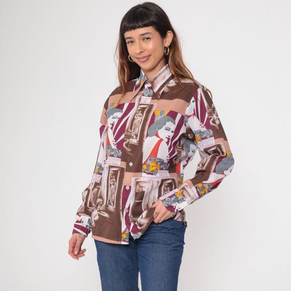 Vintage Art Deco Print Shirt 70s Graphic Chicago Classic Car Print Old Hollywood Button Up Long Sleeve Novelty 1970s Retro Men's Medium 15