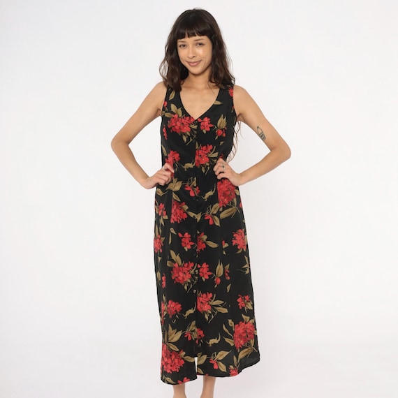 90s Floral Grunge Dress Maxi Black Red Coral Flowers Sleeveless Tank Cottagecore Minimalist Vintage Summer Garden Party Gothic Alt Medium M