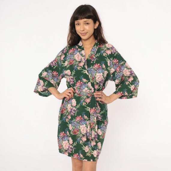 90s Green Floral Robe Cotton Kimono Tie Belt Short Sleeve Pink Purple Blue Flowers Cottagecore Prairie Vintage Lingerie Housecoat Large L