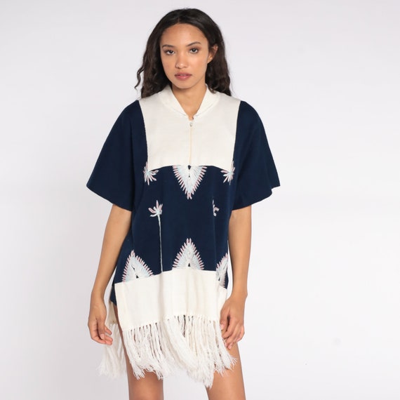 70s Knit Poncho Sweater Embroidered Fringe Shawl Navy Blue Floral Quarter Zip Boho 1970s Bohemian Jacket Vintage Knitwear Medium Large