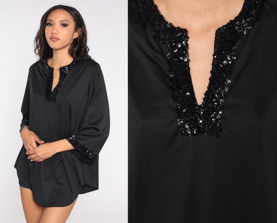 Black Sequin Shirt 70s Disco Top 1970s Vintage Long Sleeve Glam Party Blouse Slit V Neck Retro Medium Large