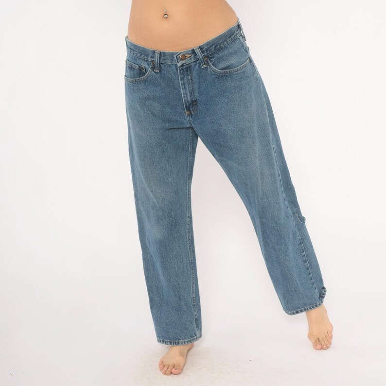 Wrangler Straight Leg Jeans 2000s Medium Wash Denim Five Pocket Blue Distressed Relaxed Fit Dad Faded Casual Workwear Boyfriend Cut 33 x 30 image 5