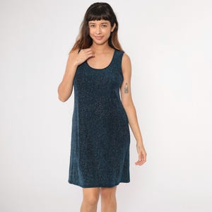 90s Sparkly Blue Party Dress Metallic Mini Dress Sleeveless Shift Cocktail Going Out Dress Vintage 1990s Minidress Glittery Medium Large
