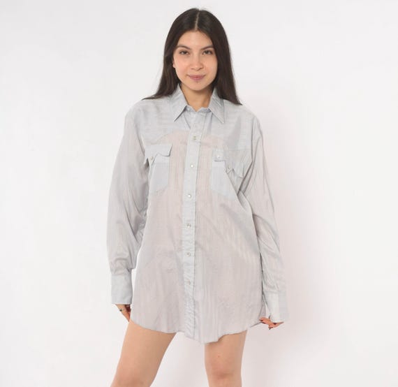 70s Western Shirt Pearl Snap Button Front Pointed Collar Jacquard Stripe Yoke Chest Pockets Long Sleeve Cowboy Country Blue Vintage Large L