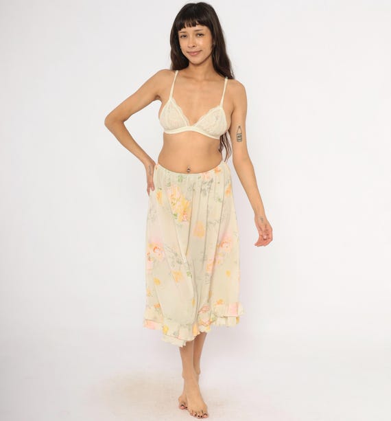 Floral Ruffle Hem Skirt 90s Watercolor Rose Print Midi Cream Peach Sage Green Yellow Chiffon Feminine Cottagecore Prairie Summer Medium M