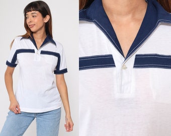 Striped Polo Shirt 70s Collared T-Shirt White Navy Blue Retro Topstitch Short Sleeve Dagger Collar Seventies Button Up Vintage 1970s Small