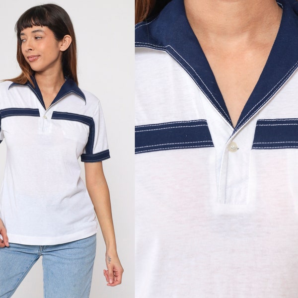 Striped Polo Shirt 70s Collared T-Shirt White Navy Blue Retro Topstitch Short Sleeve Dagger Collar Seventies Button Up Vintage 1970s Small