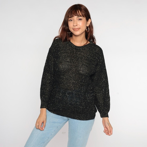 Jumper Black Metallic Sweater 80s Semi-Sheer Sparkly Gold Knit Lurex Sweater 1980s Vintage Slouchy Acrylic Pullover 90s Small S