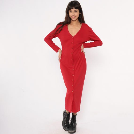 90s Red Maxi Dress Loungewear Housedress Casual Button Front Long Sleeve V Neck Minimalist Vintage Column Sheath Fitted Classic Medium M