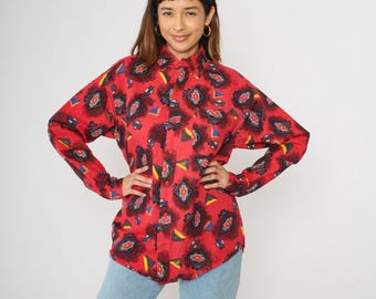 Vintage jaren 90 Southwestern shirt rode button-up zuidwesten cowboy patroon top met kraag westerse geometrische jaren 1990 lange mouw ramee katoen groot L