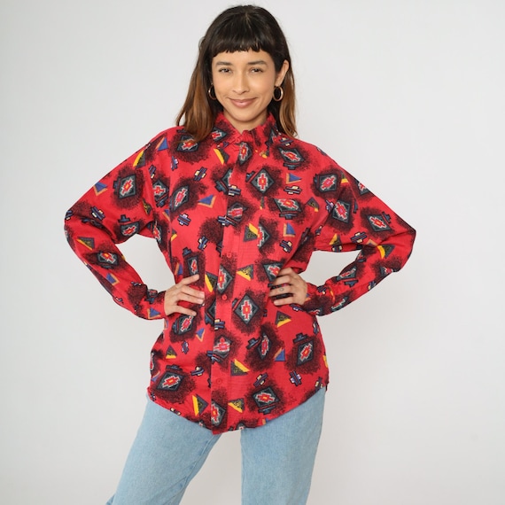 Vintage 90s Southwestern Shirt Red Button Up Southwest Cowboy Pattern Top Collared Western Geometric 1990s Long Sleeve Ramie Cotton Large L