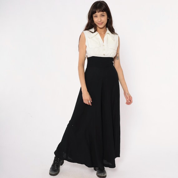90s Wide Leg Jumpsuit Black White Sleeveless High Waisted Palazzo Pants Rhinestone Detail Collared Two Tone Vintage Small Medium S M