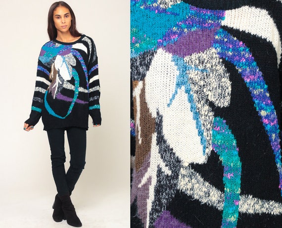 80s Sweater Knit LEAF PRINT Boho Black Purple Slouchy Pullover 90s Vintage Abstract Acrylic Knit Extra Large xl